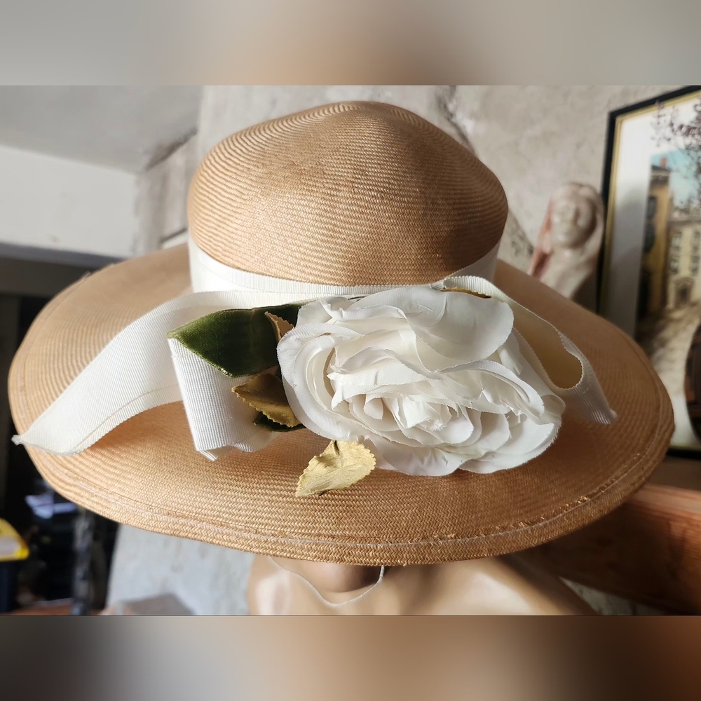 Adolfo Beige Hat with White Rose Detail
